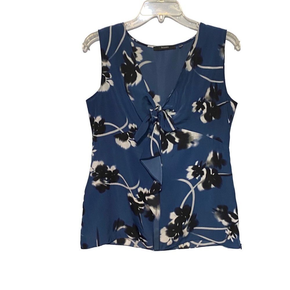 Tahari Blue & White Sleeveless Blouse with Ruffle‎ and Tie Front Size Small